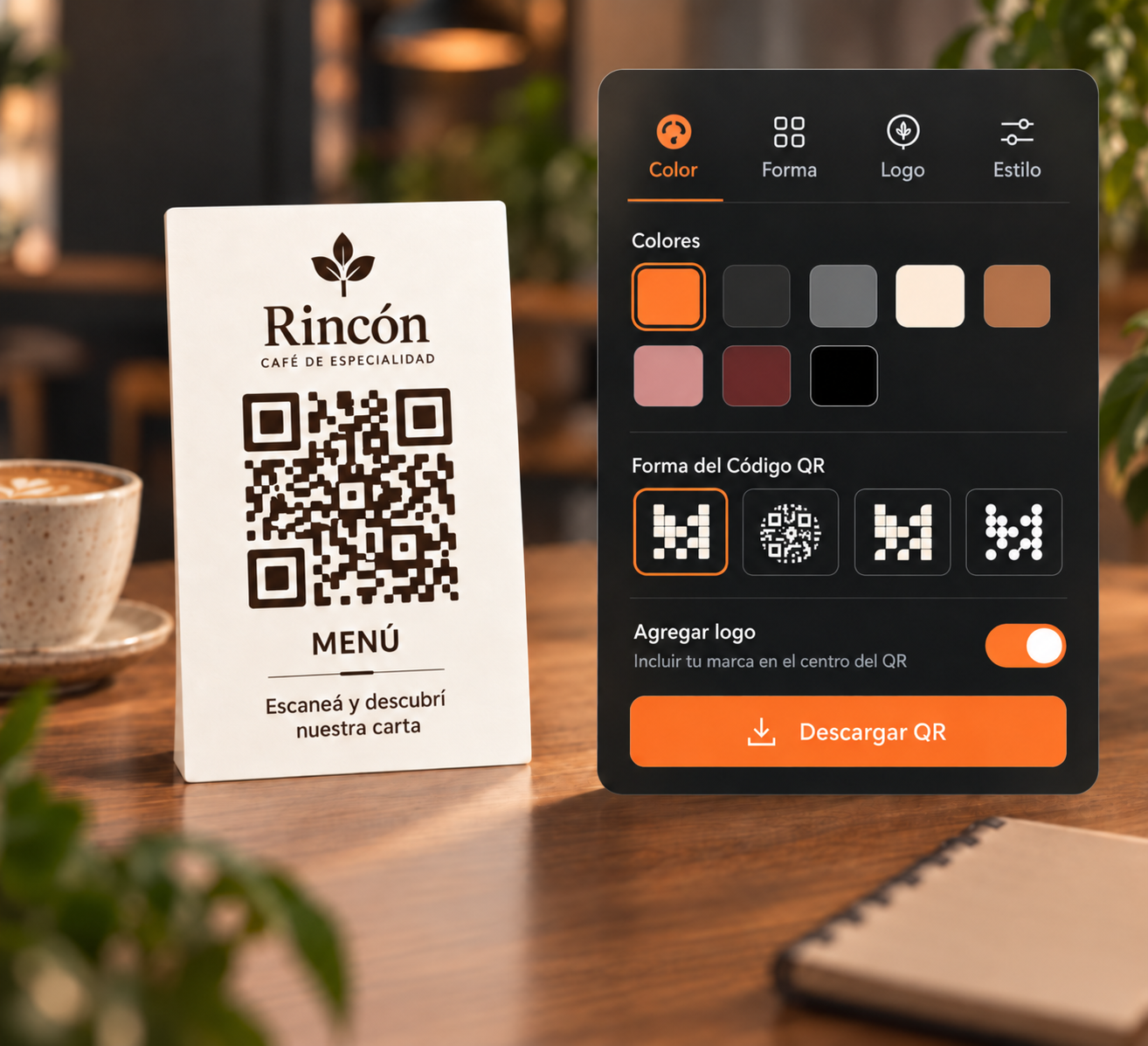 Tarjeta de mesa de Rincón Café de Especialidad con código QR de menú y panel para personalizar color, forma, logo y estilo.